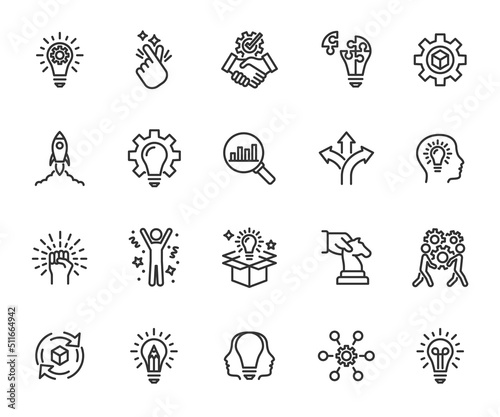 Vector set of innovation line icons. Contains icons startup, idea, product development, motivation, success, solution, entrepreneurship, automation and more. Pixel perfect.