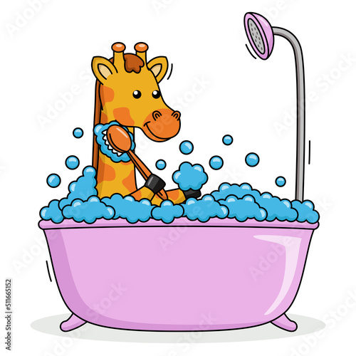 Cartoon illustration of a cute giraffe bathing in a bathtub