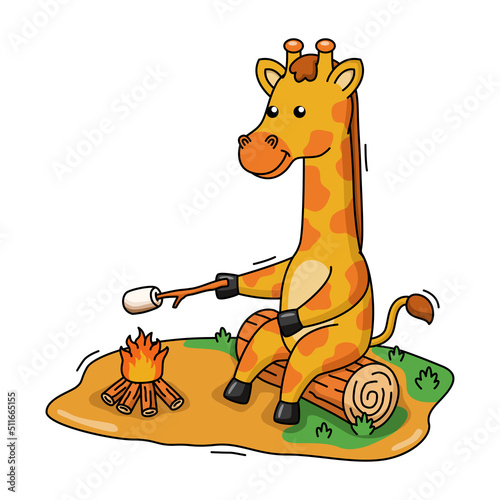 Cartoon illustration of a cute giraffe roasting marshmallows