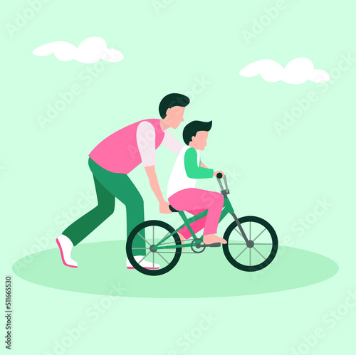 Father Teaching Ride a Bicycle Vector Illustration