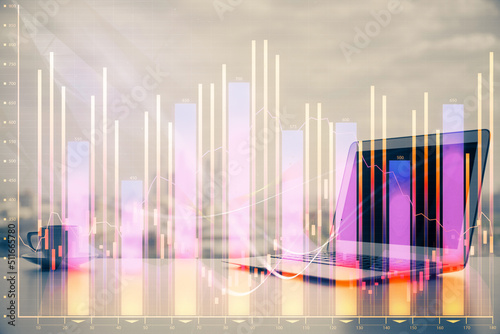 Stock market graph and table with computer background. Multi exposure. Concept of financial analysis. © peshkova