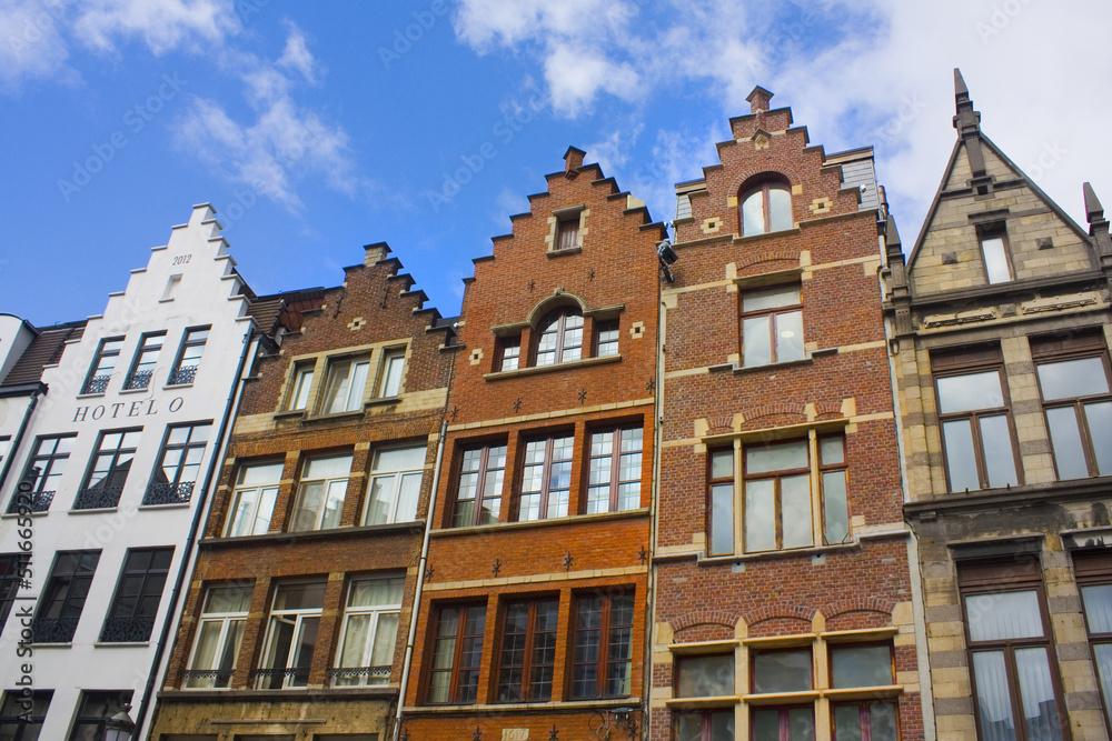 Old traditional historic buildings on the street of Old Town in Antwerp, Belgium