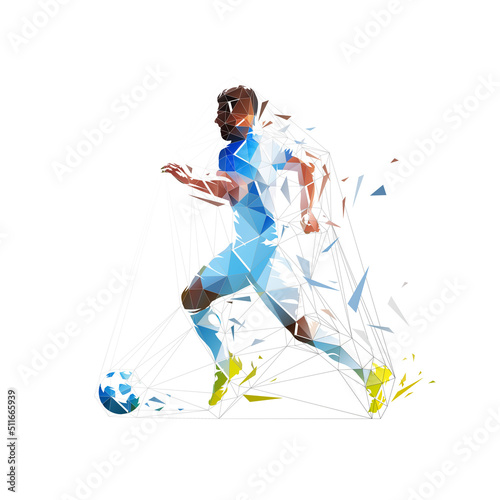Football player running with ball, isolated low poly vector illustration, side view. Soccer, team sport athlete. Geometric footballer logo from triangles