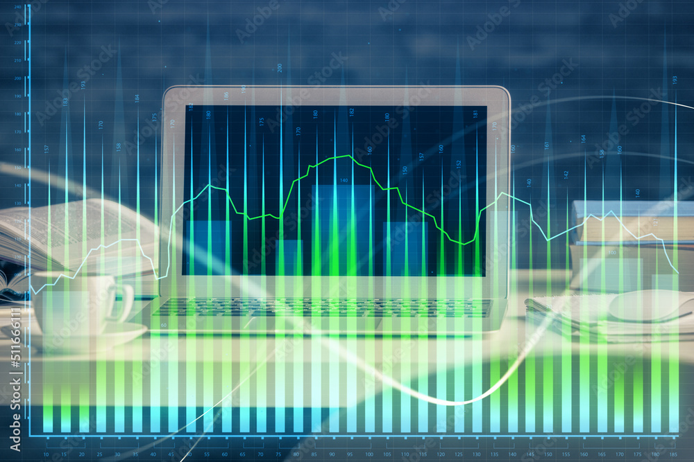 Stock market graph and table with computer background. Multi exposure. Concept of financial analysis. Stock market graph and table with computer background. Multi exposure. Concept of financial analysis.