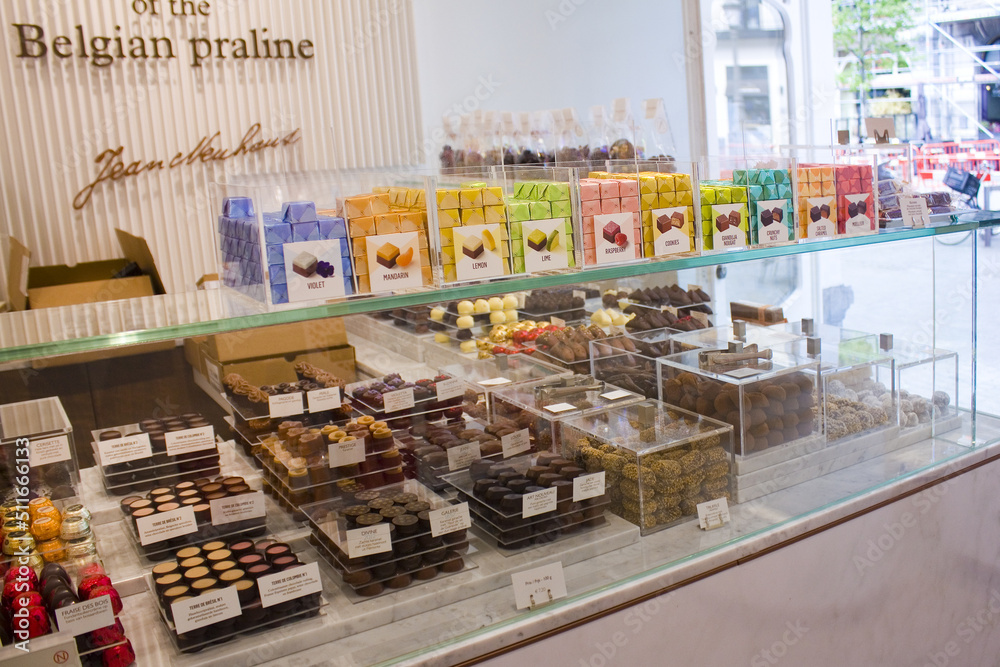 Showcase with Belgian chocolate in Brussels, Belgium	
