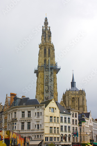 View of the Cathedral of Our Lady from Old Town in Antwerp, Belgium