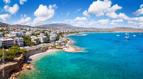 Panoramic view of the popular seaside resort Varkiza, south Athens suburb, Attica, Greece, with sandy beaches and turquoise sea