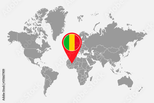 Pin map with Mali flag on world map. Vector illustration.