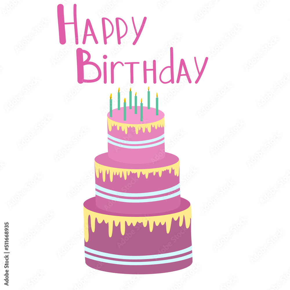 Pink birthday cake with candles in trendy vector flat style. Hand drawn greeting postcard concept with lettering. Tiered cake decorated with cream and candles. Birthday pie illustration for card. Pink birthday cake with candles in trendy vector flat style. Hand drawn greeting postcard concept with lettering. Tiered cake decorated with cream and candles. Birthday pie illustration for card.