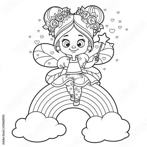 Cute cartoon little fairy casts spell with magic wand and sit on a rainbow outlined for coloring on white background