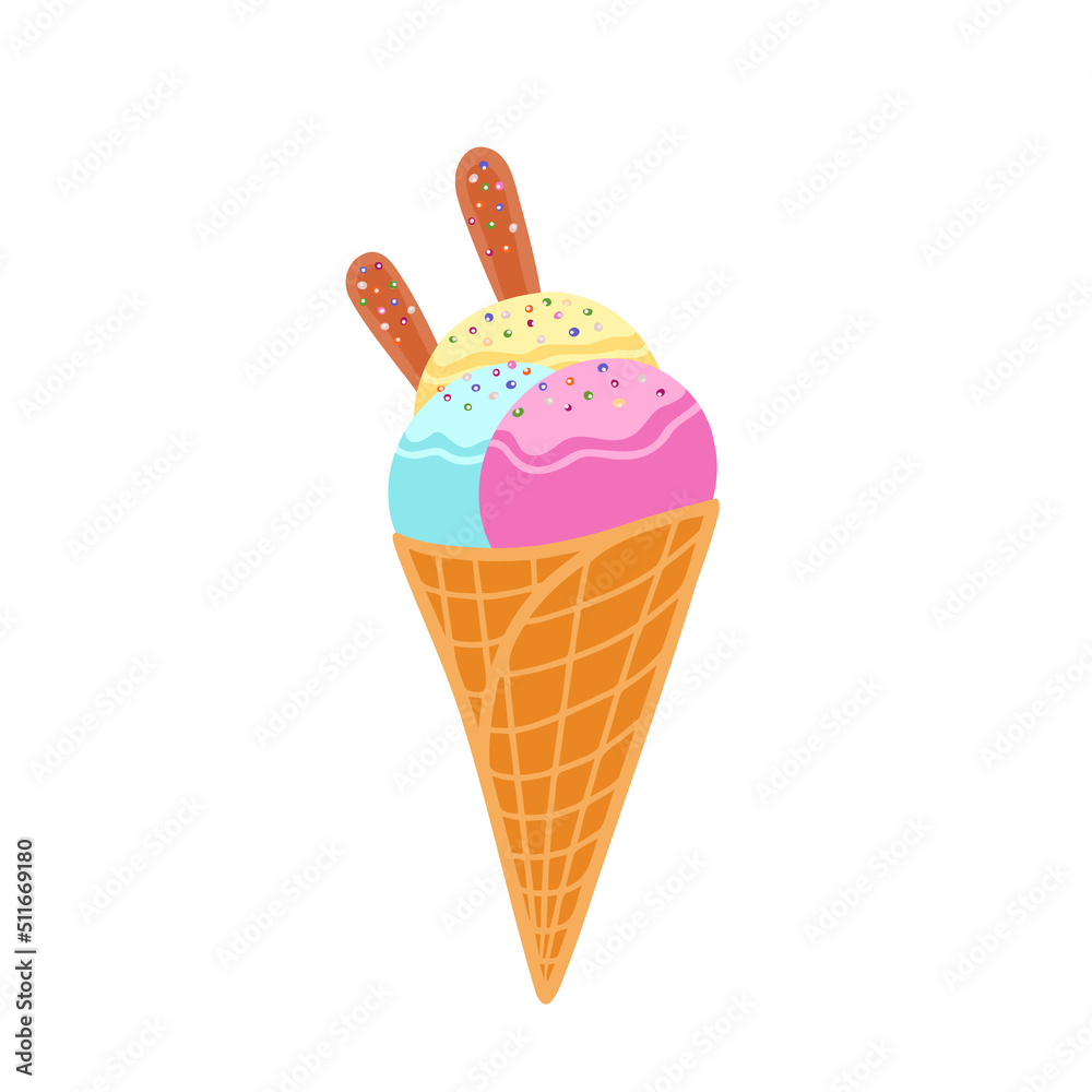 Ice cream in waffle cone. Vector Illustration for printing, backgrounds, covers, packaging, greeting cards, posters, stickers, textile and seasonal design. Isolated on white background.