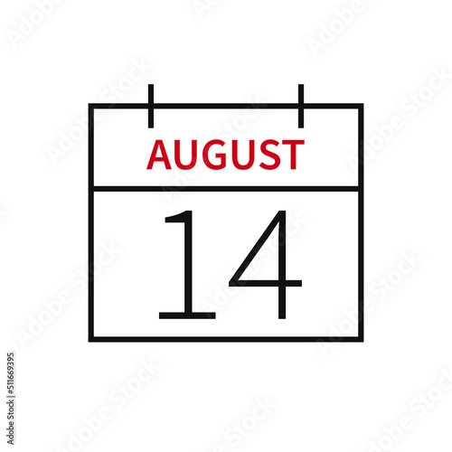 Calendar with date 14 august, line icon month name and date. Flat vector illustration for UI graphic design.