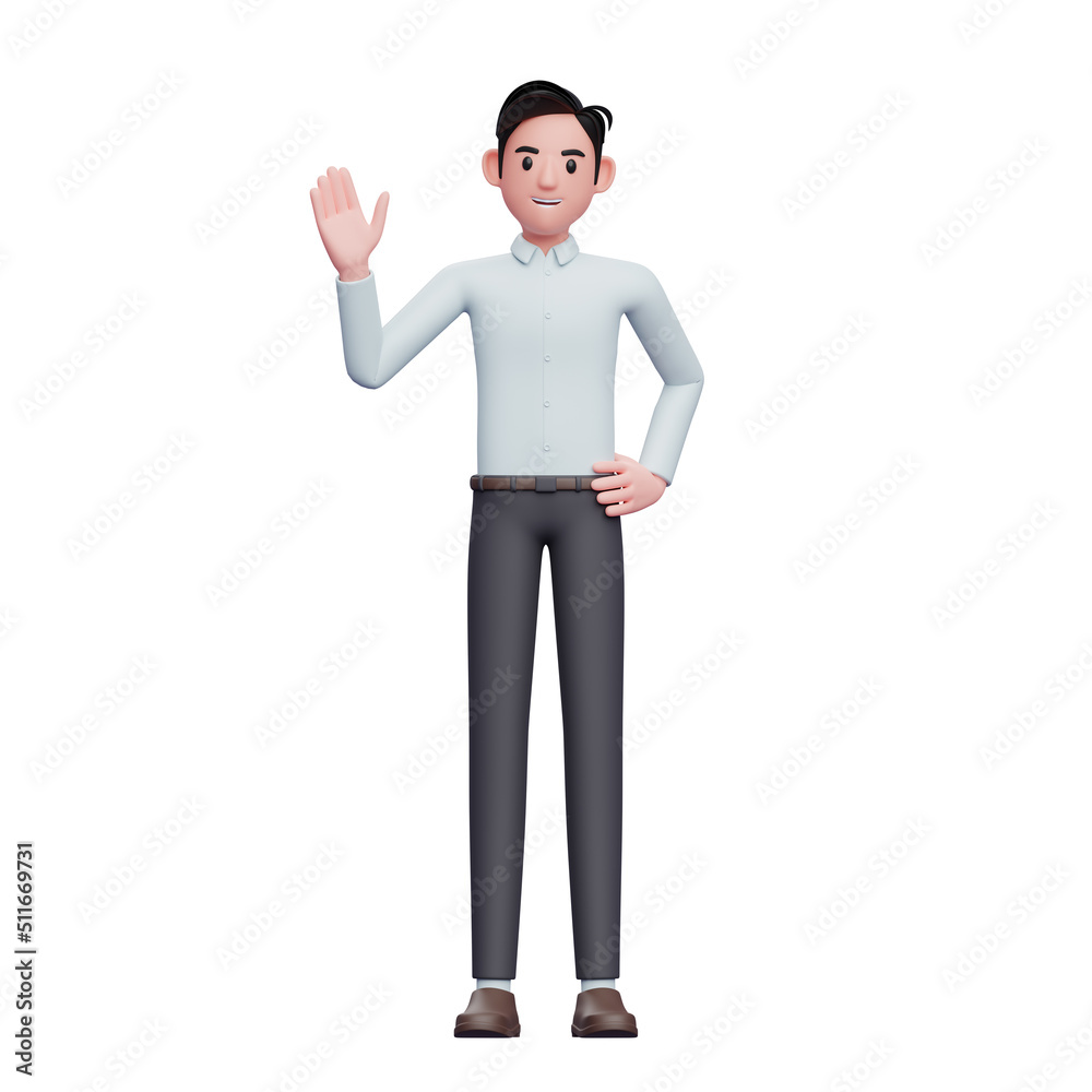 Businessman waving hand saying Hi, 3D render businessman greeting character illustration Businessman waving hand saying Hi, 3D render businessman greeting character illustration