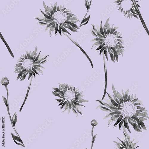 Calm floral seamless pattern with isolated flowers on trendy very peri background. Hand drawn blossom flowers in freehand ink style. Botanical elements for package, textile, wallpaper, bedding. © Rina Ka