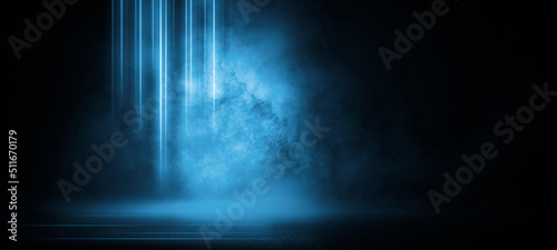 Dark street asphalt abstract dark blue background, empty dark scene, the flame is burning with smoke float up the interior texture for display products photo