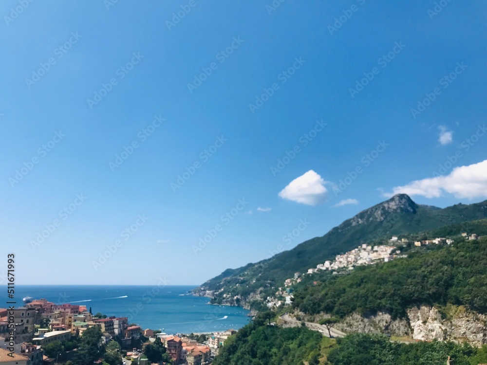 view of the sea and mountains in Vietri Sul Mare, italy