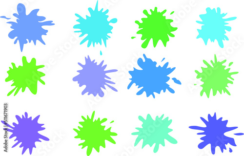 Color splashes and drops. A set of ink of different colors. Ink stains, colored paint. Colorful paint splatter set. liquid decorative forms. Vector illustration.