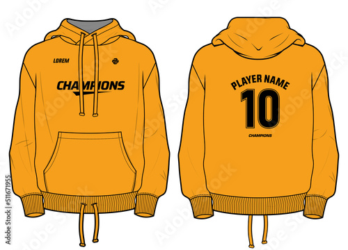 Long sleeve Hoodie jacket sweatshirt design flat sketch Illustration, Hooded jacket sweater with front and back view, hooded winter jacket for Men and women. for training, workout outerwear in winter