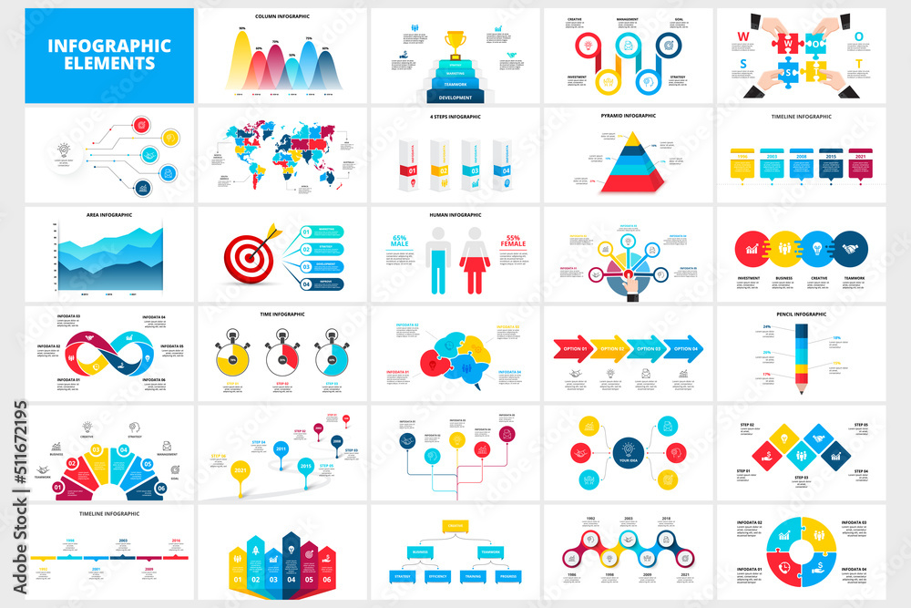 Set of infographic presentation slides. Puzzles, map, arrows, flowchart and circle diagrams. Vector illustration for business data visualization.