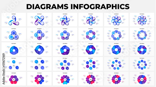 Vector infographics. Big set of cycle diagrams with 3, 4, 5, 6, 7 and 8 options. Template for business presentation.