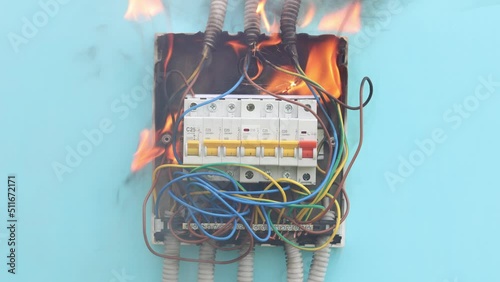 Electrical fire after short circuit in faulty electrical wiring.