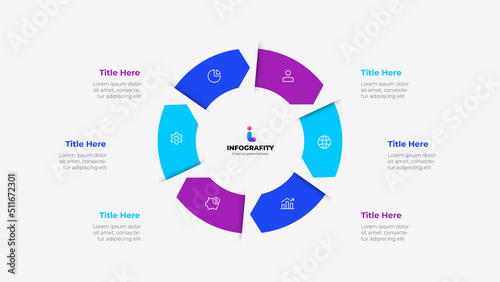 Cycle arrows diagram with 6 options or steps. Slide for business presentation. Circle abstract element divided into six parts.