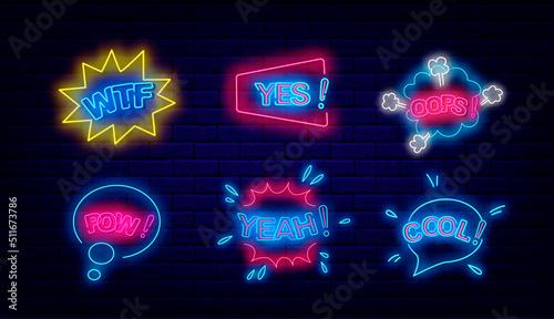 Comics speech bubbles neon signs set. Yes, cool and oops. Wtf, yeah and pow. Pop art design. Vector stock illustration