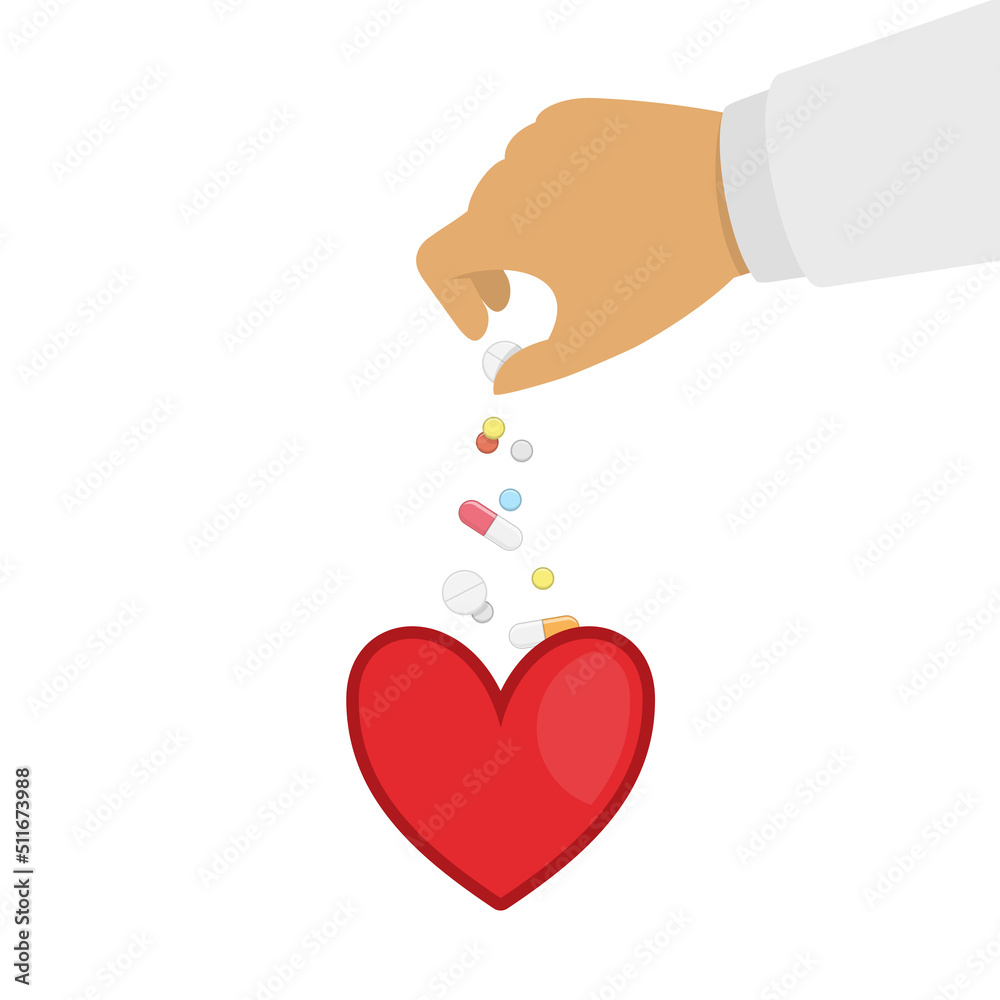 Pharmacist giving medical pills to heart. Doctor gives pills a sick person. Drugs, medicine, healthcare concept. Vector illustration in flat style. EPS 10. Pharmacist giving medical pills to heart. Doctor gives pills a sick person. Drugs, medicine, healthcare concept. Vector illustration in flat style. EPS 10.