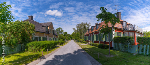 Apartment houses, built for craftsman in the 1700s in the district Kantoon on the Drottningholm island a sunny summer day in Stockholm