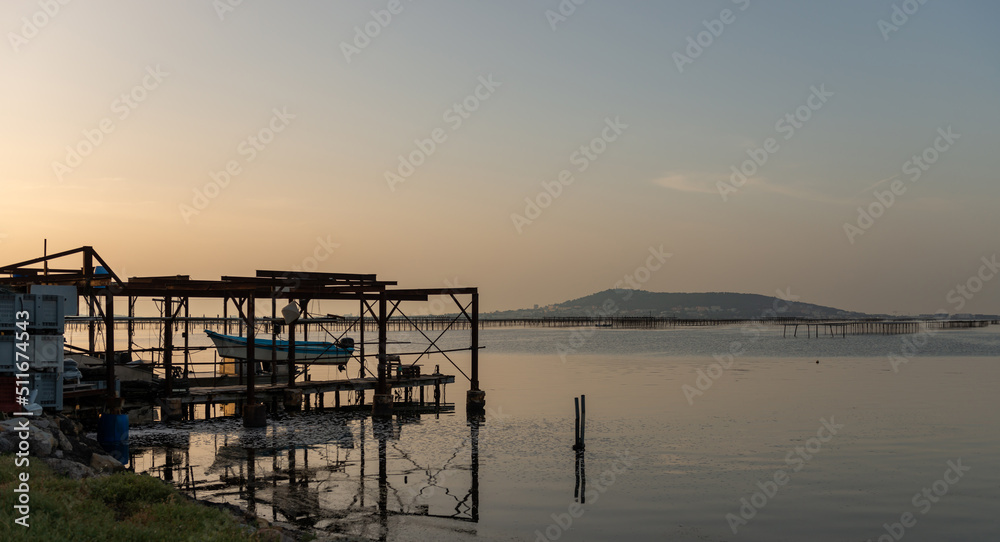 Oyster park on the Thau pond at sunrise, in Bouzigues in Occitanie, France Oyster park on the Thau pond at sunrise, in Bouzigues in Occitanie, France