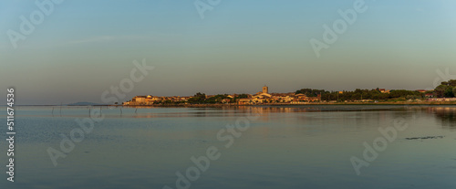 The village of Mèze on the Thau pond at sunrise, in Occitanie, France