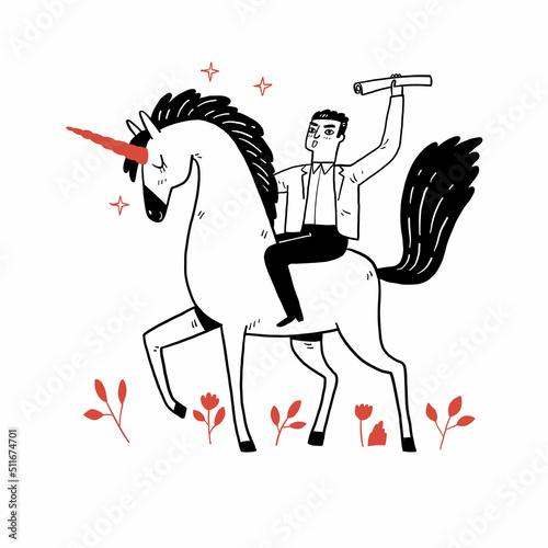 Businessman riding a unicorn