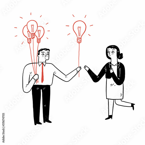 Business concept illustration of a businessman sharing knowledge to another businessmen symbolize by light bulb balloons