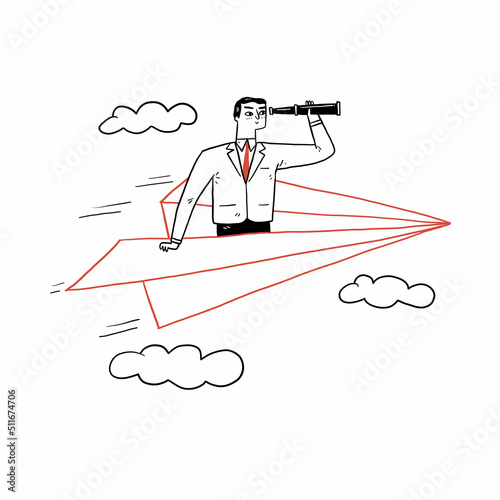 Businessman flying with paper plane using telescope