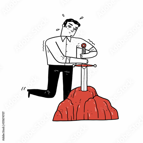 Business concept vector illustration of businessman tries to draw the excalibur sword from the stone