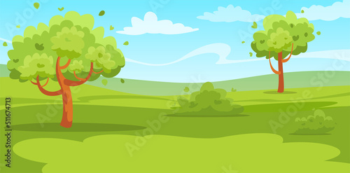 Vector Green Landscape with trees clouds flowers