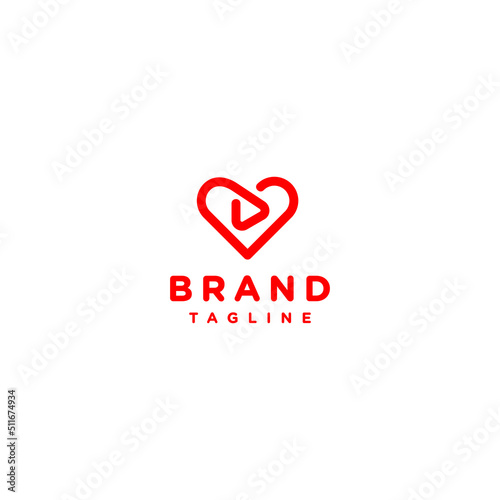 Play Button Icon Inside Heart Symbol. Simple outline logo design of play button icon and heart symbol in one continuous line.