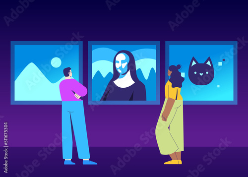 NFT auction, people at the art exhibition in the museum  buying and selling art, non-fungible token. Vector illustration