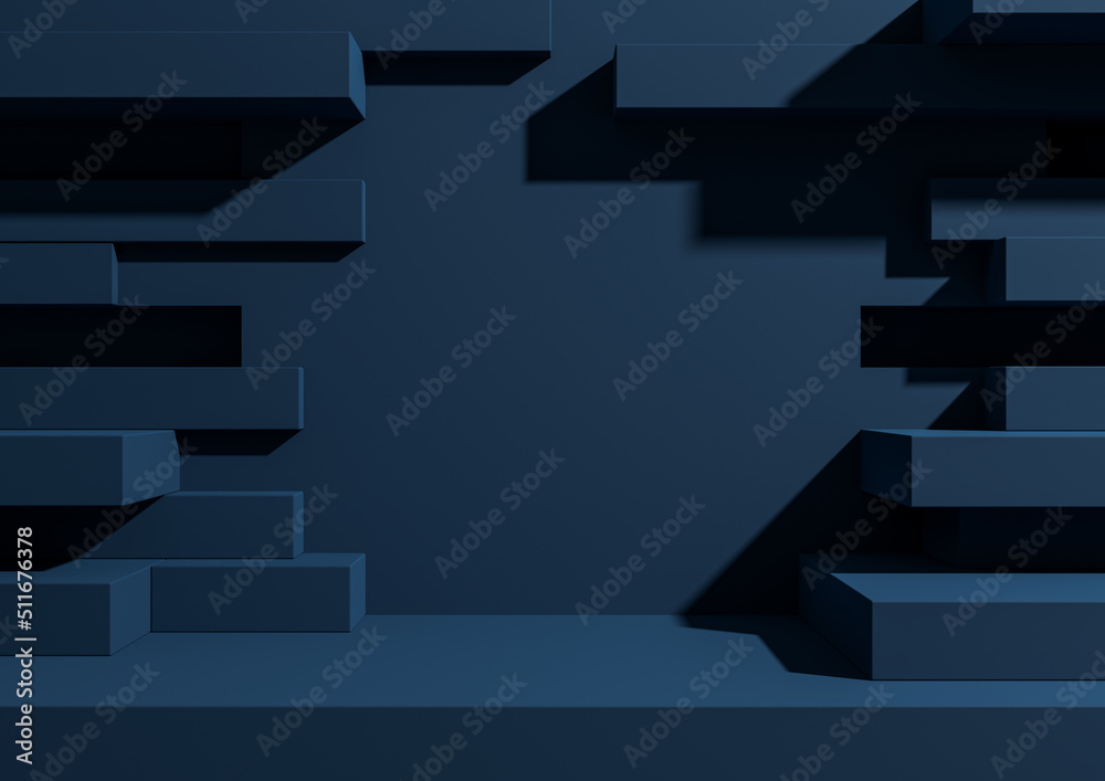 Fototapeta premium Dark, aqua blue 3D rendering product display podium or stand with abstract brick wall or portal for product photography minimal, simple, geometric background wallpaper, for luxury grunge products
