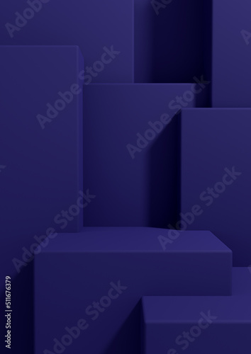 Dark blue 3D rendering product display wallpaper with podium or stand good fore one or two luxury products on simple, minimal, abstract, geometry product photography background © Little River