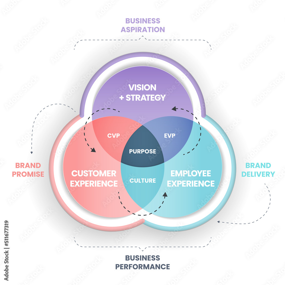 Culture and business strategy venn diagram. Employer brand is a strategy that takes your culture, vision and purpose and creates an authentic story to to improve employee experience of organization.