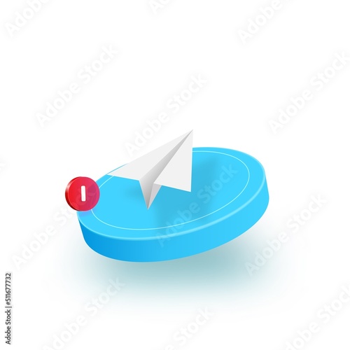 3d Paper plane icon isolated on white background. Paper airplane icon. Blue square button.