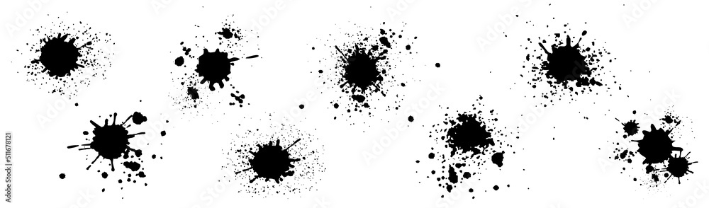 Splashes of ink paint with drops, set.  Vector illustration