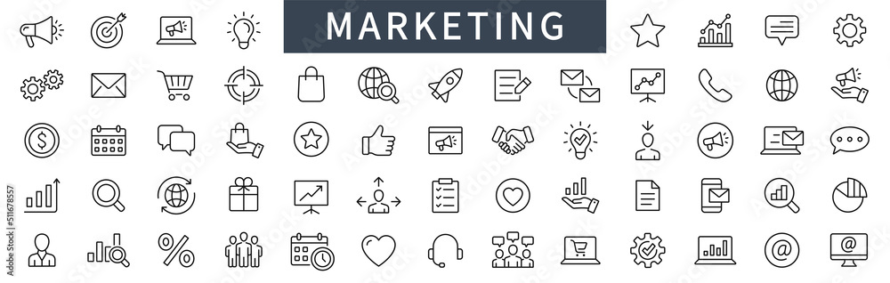 Marketing line icons set. Advertising icon collection. Marketing symbol set. Marketing icon. Vector illustration - obrazy, fototapety, plakaty 