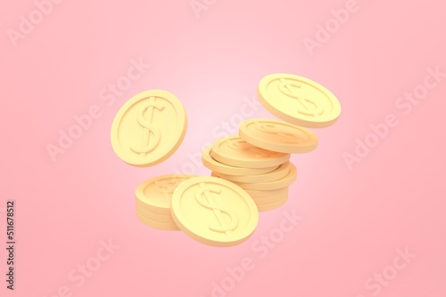 many coins on pink background 3d rendering.