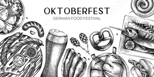 German food background. Oktoberfest menu design. Vector meat dishes sketches. German cuisine banner in vintage style. Traditional Food festival illustration. Black and white template