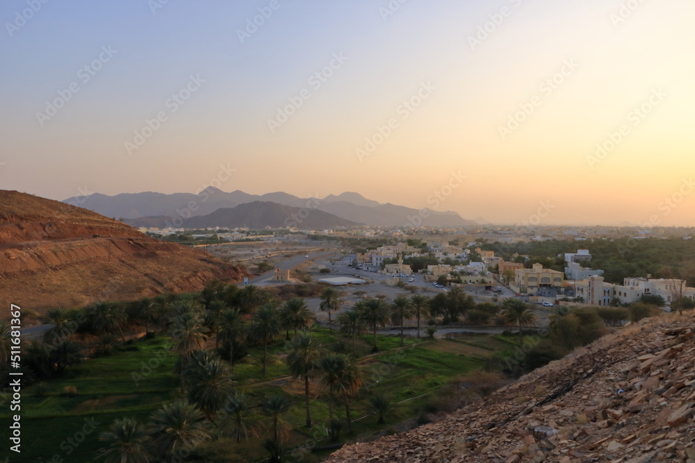 Birkat Al Mouz Ruins and a valley of palm trees