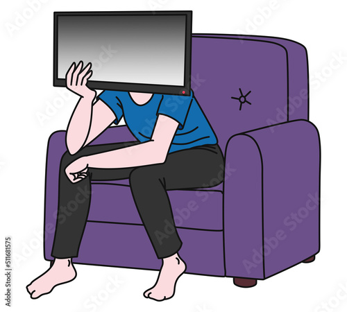 A man with a flat tv instead of a head sits on a purple armchair