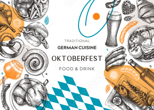 German food background in collage style. Oktoberfest menu trendy design. Vector meat dishes sketches and geometric shapes. German cuisine modern banner. Traditional Food festival illustration.