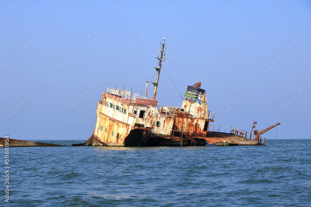 Danube Delta in Romania over sank ship, the shipwreck Turgut S in Sulina